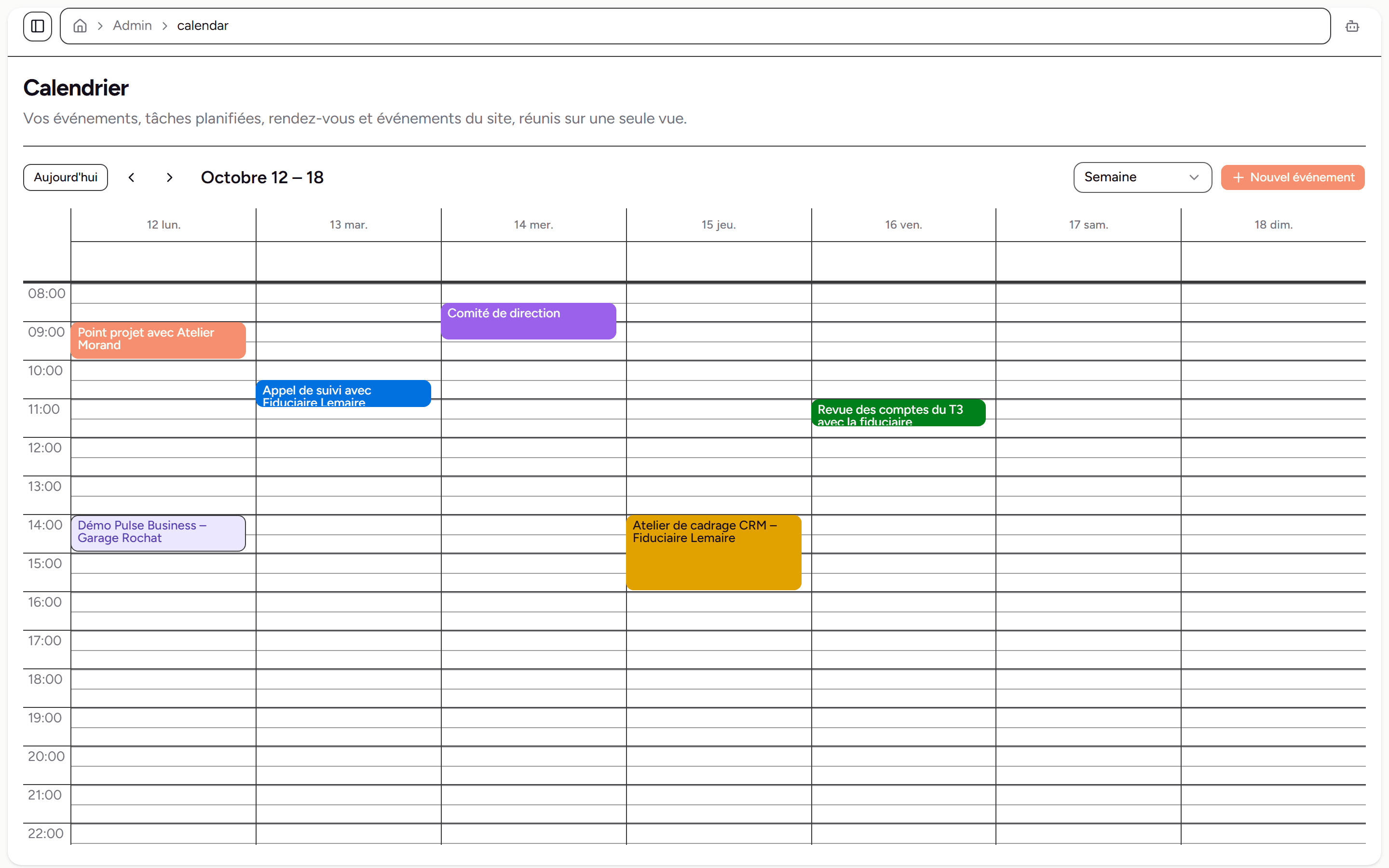 Vue semaine de l'agenda avec les rendez-vous placés heure par heure