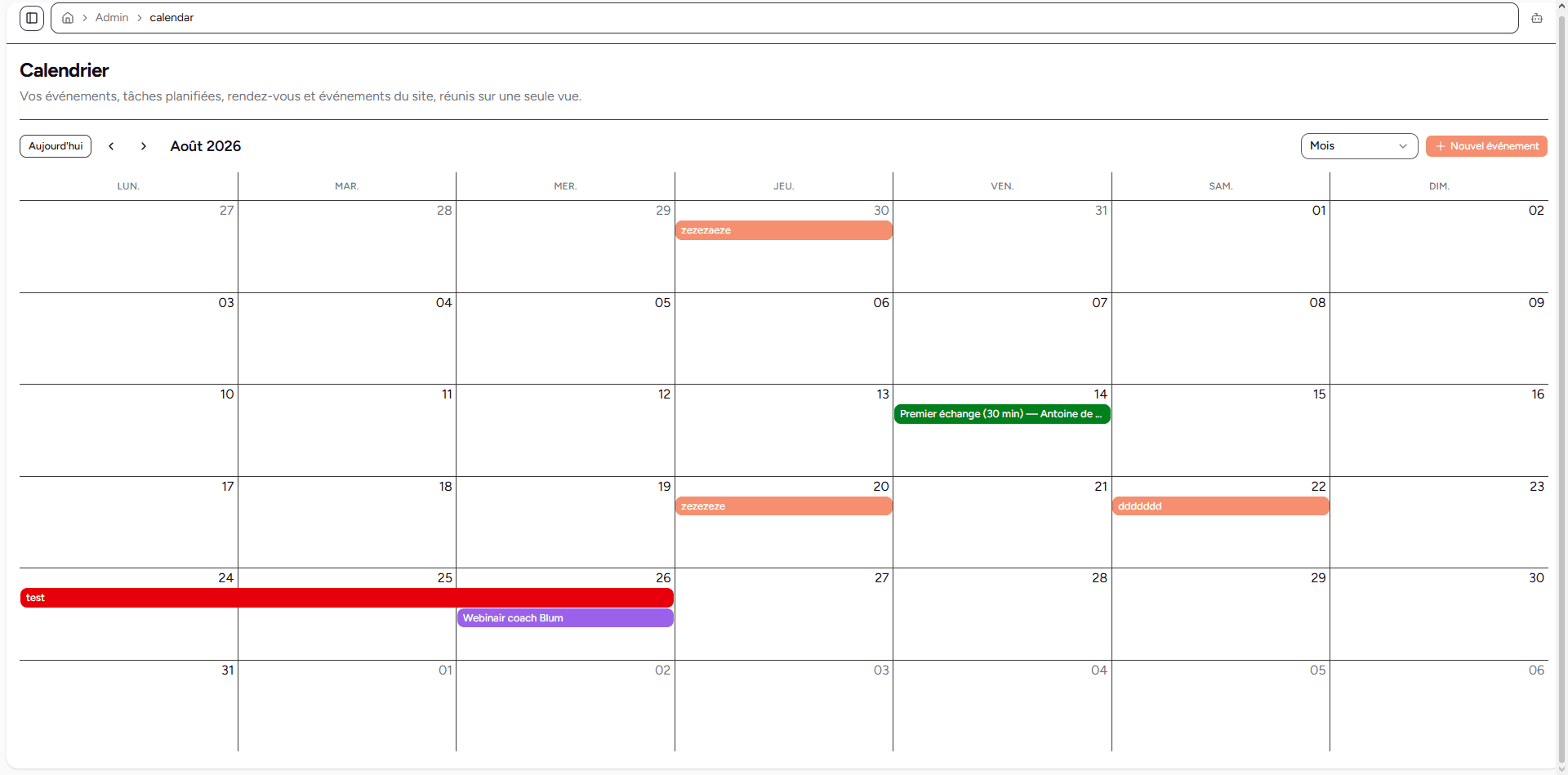 Vue du mois de l'agenda avec les rendez-vous en couleurs
