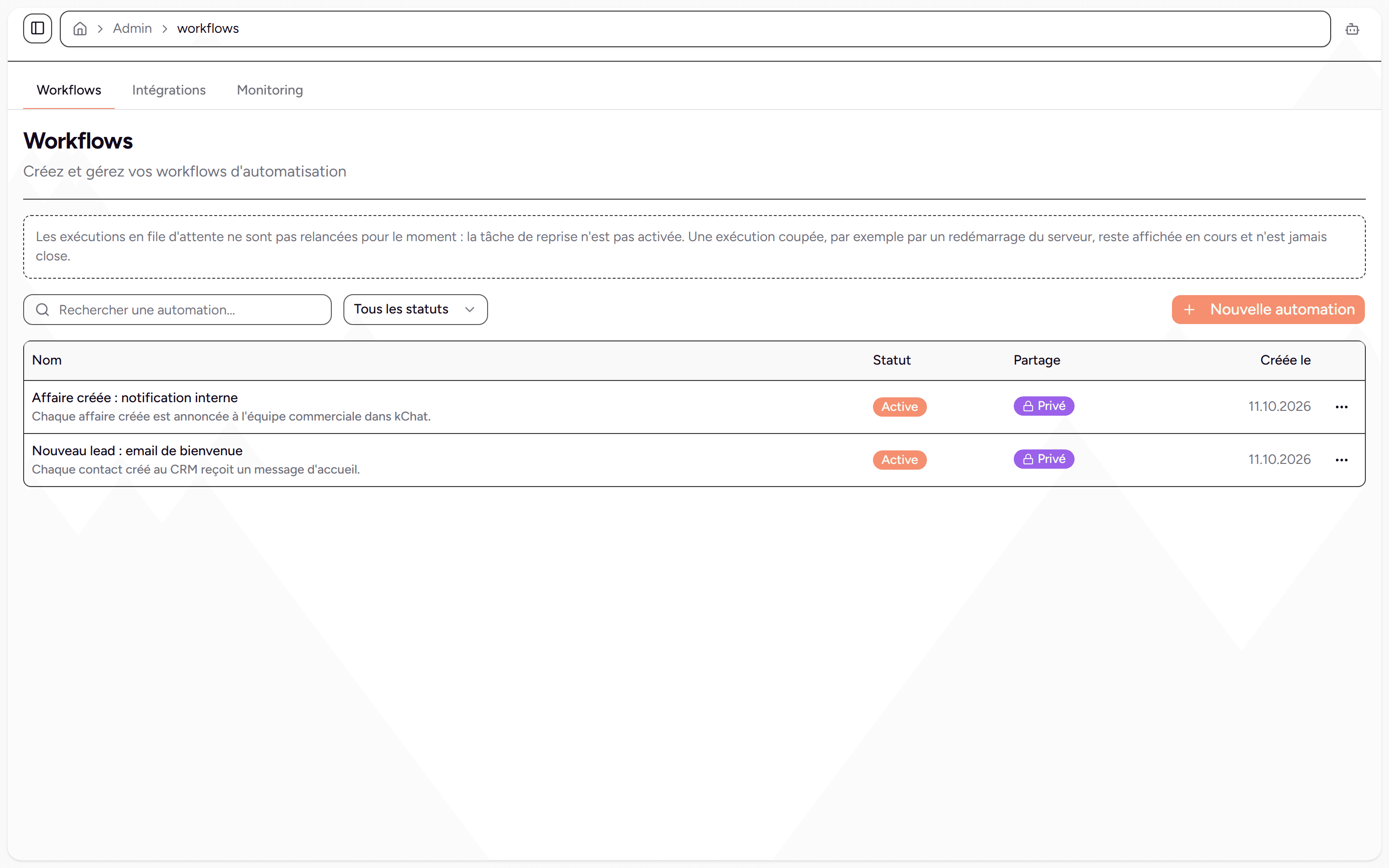 Liste des workflows actifs avec leur déclencheur