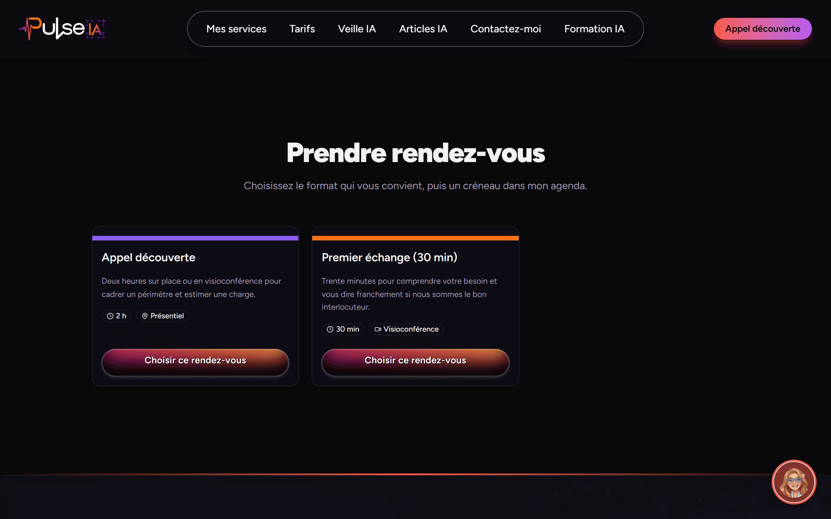 Page publique de réservation avec deux types de rendez-vous