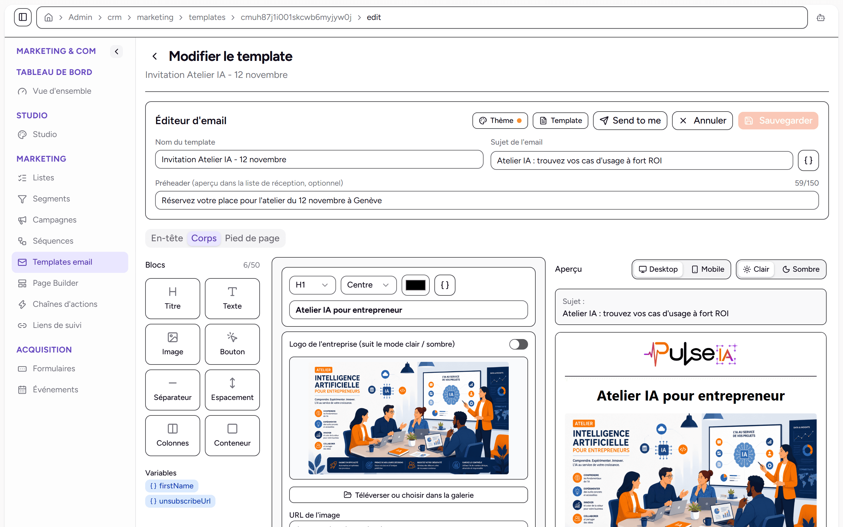 Éditeur d'e-mail par blocs avec l'aperçu de l'invitation à un atelier