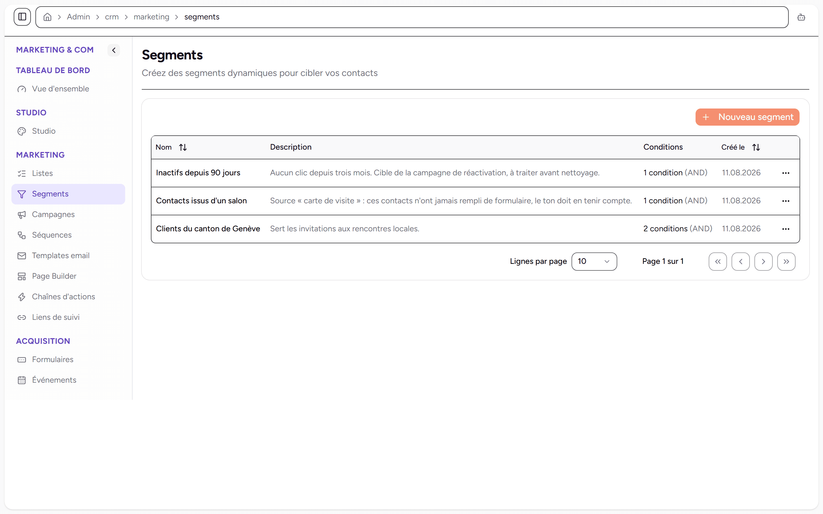 Liste des segments de contacts avec leurs conditions