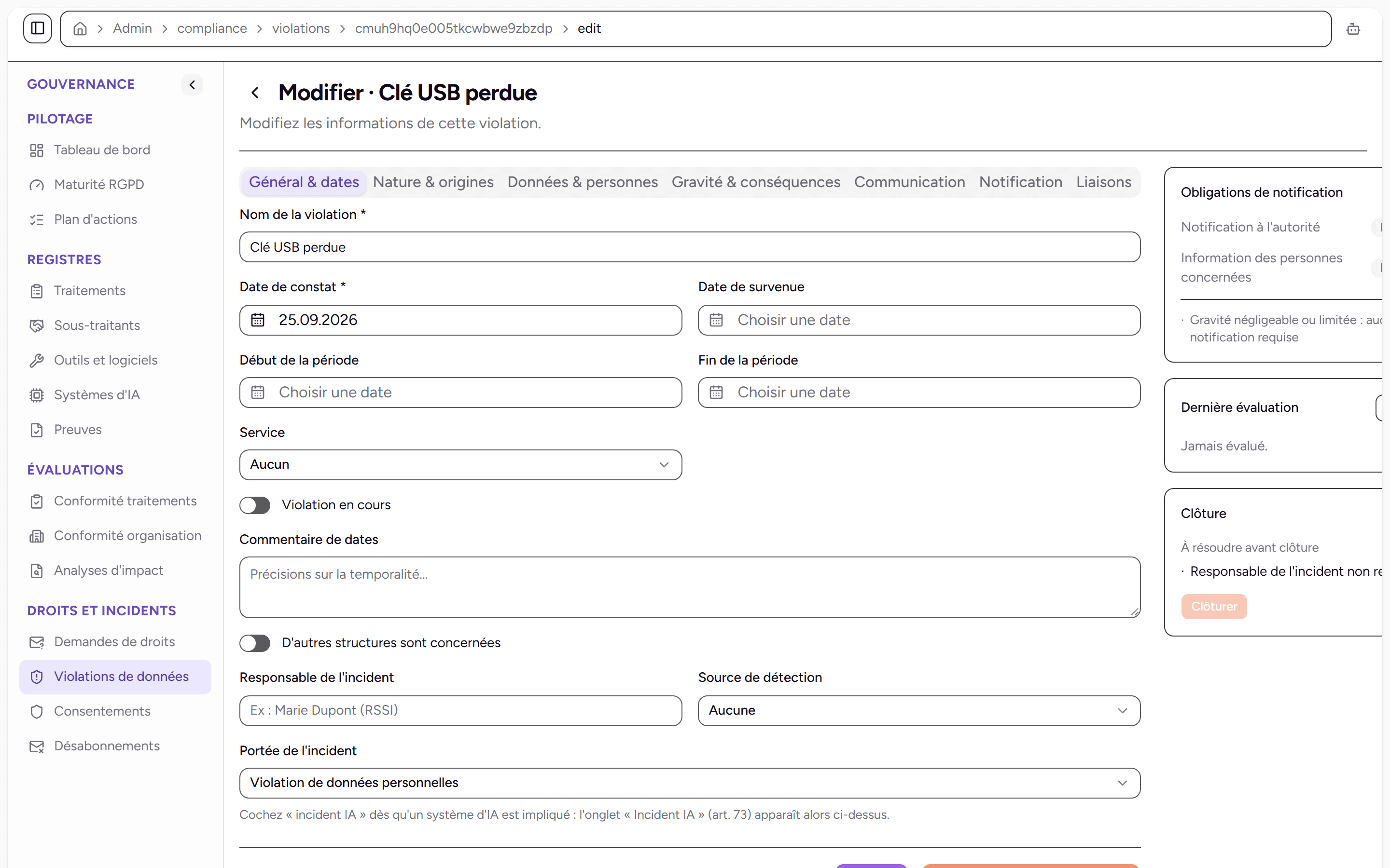 Fiche d'une violation de données avec ses obligations de notification