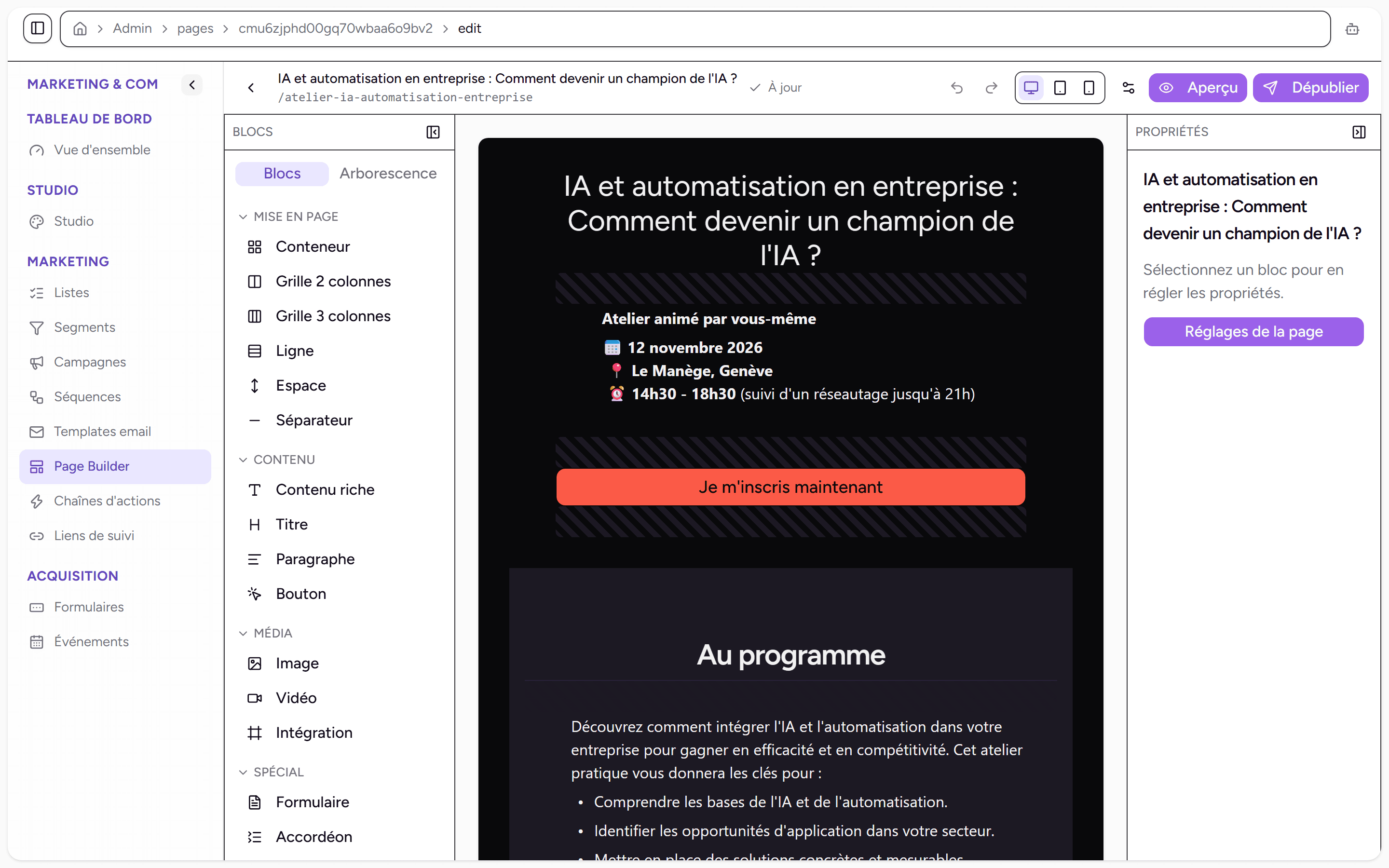 Éditeur de page avec la palette de blocs et l'inspecteur