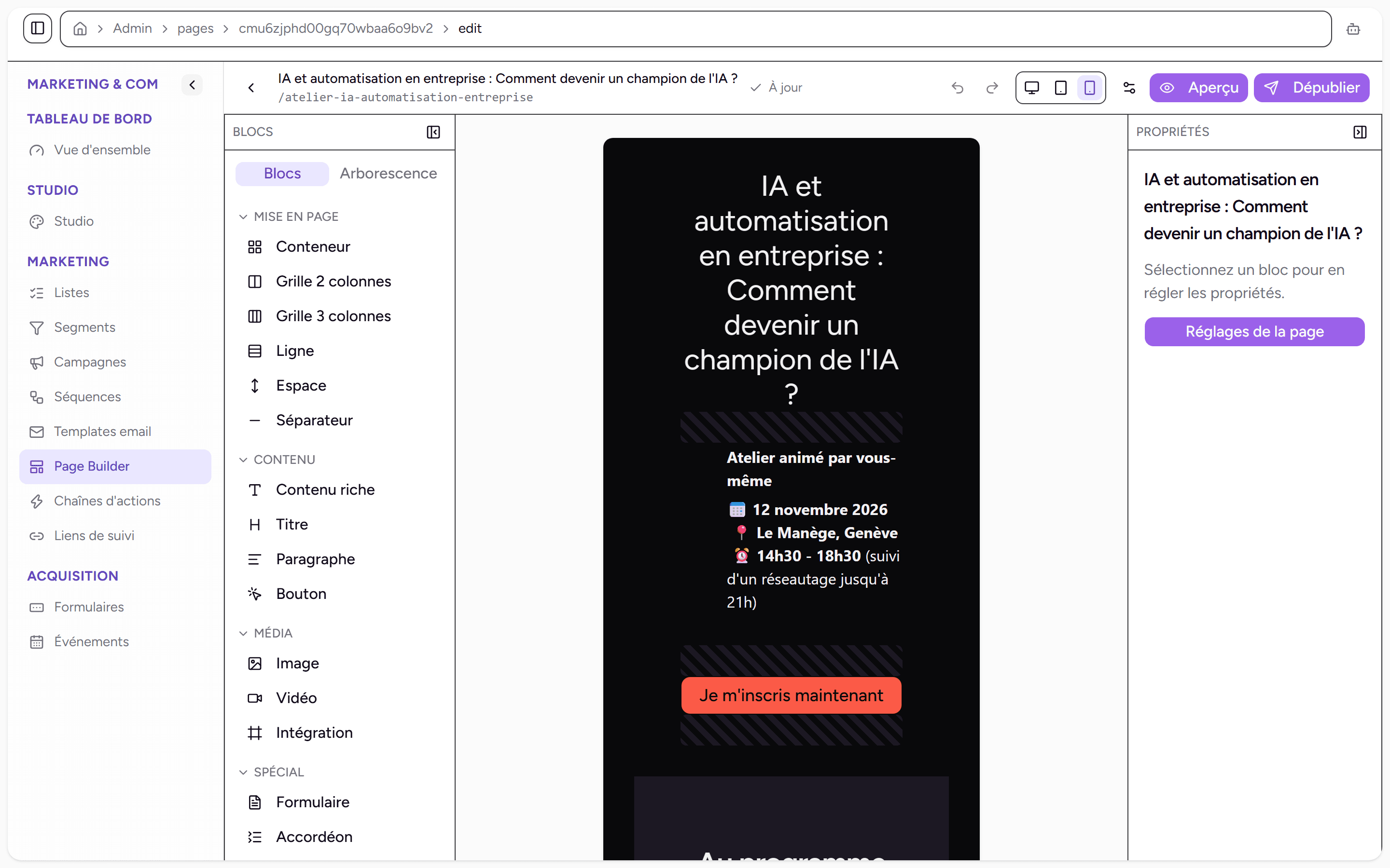 Aperçu d'une page en mode mobile