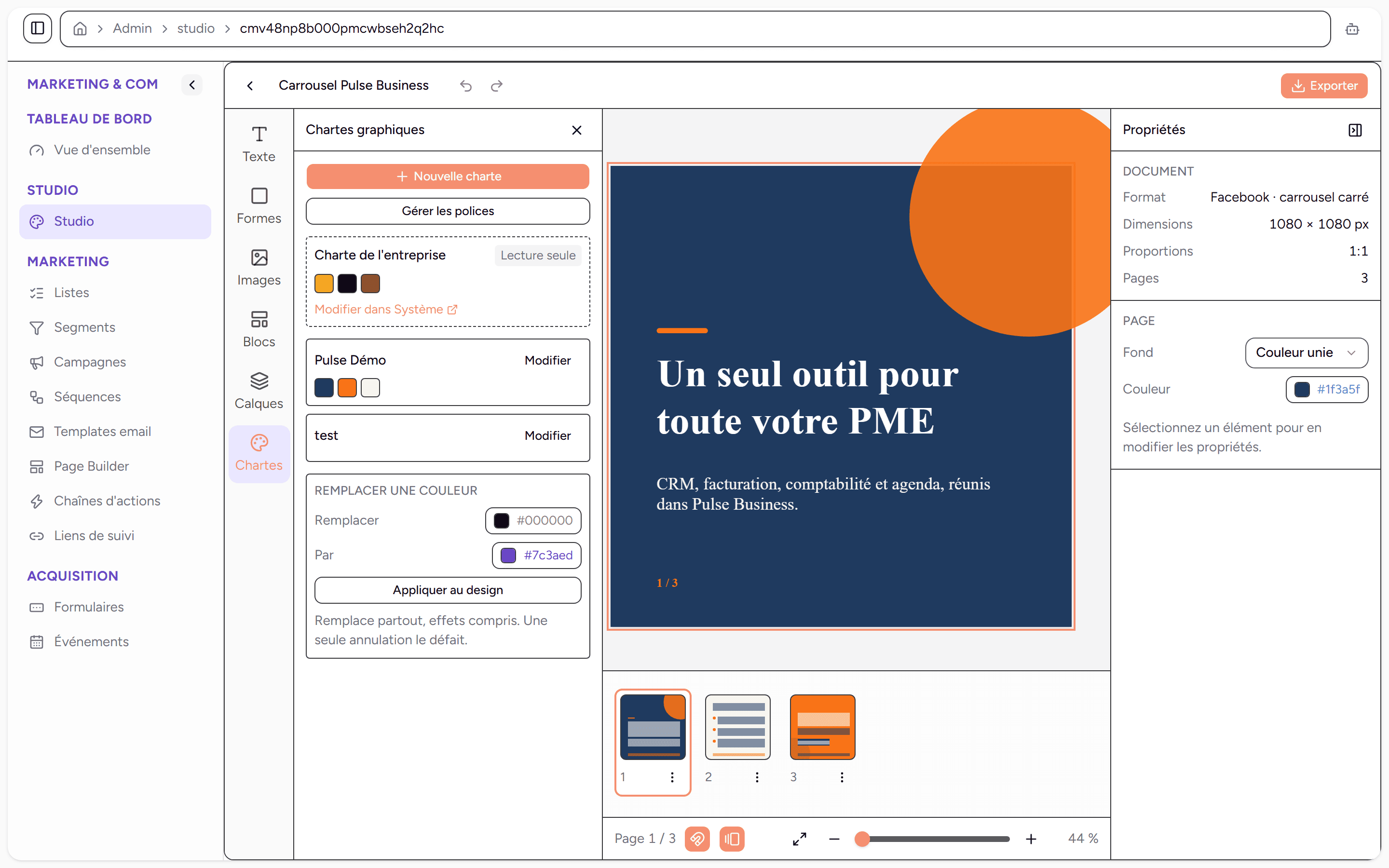 Panneau des chartes graphiques du Studio avec la charte de l'entreprise et le remplacement de couleur