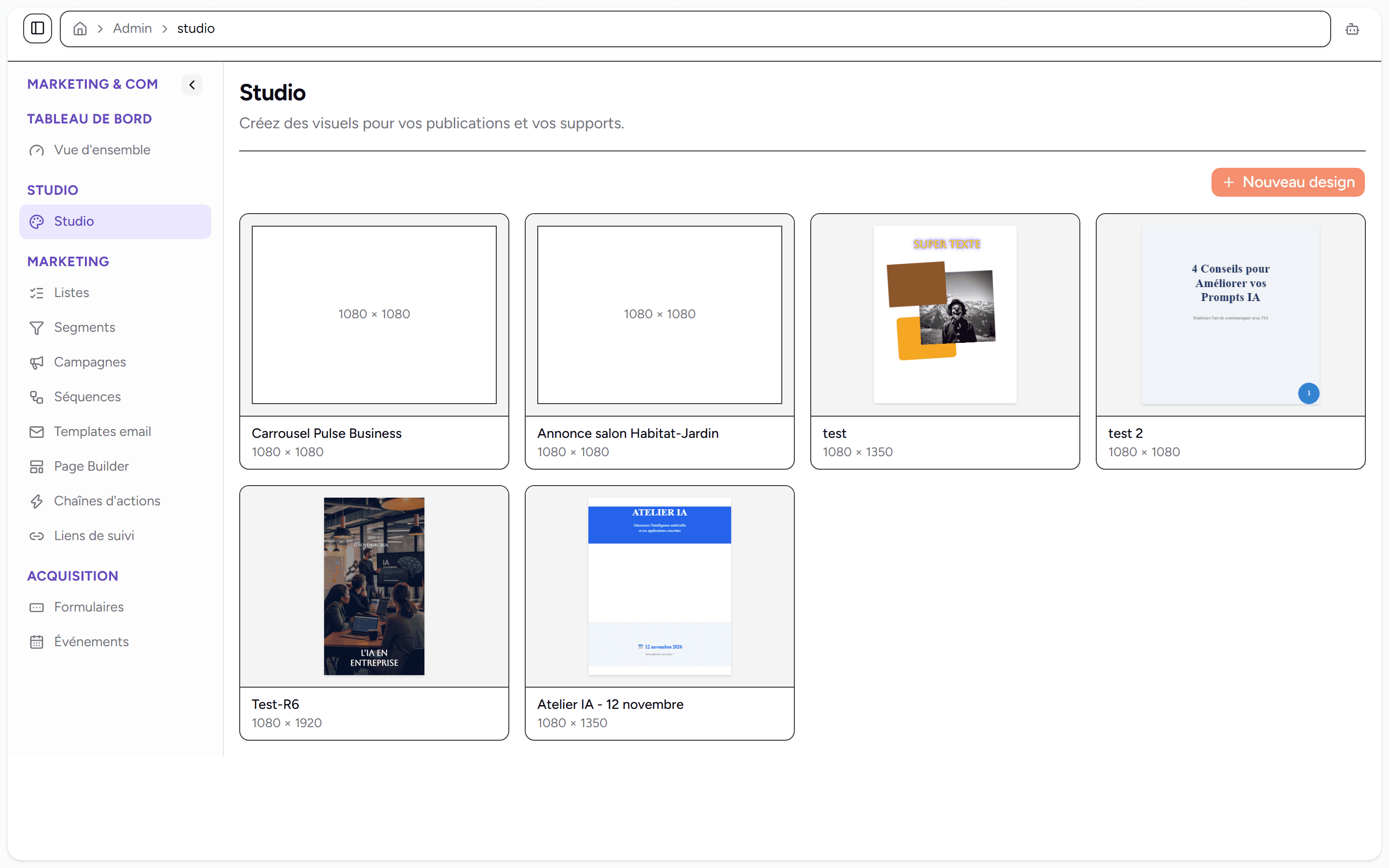 Bibliothèque des designs du Studio avec leurs vignettes et leurs formats