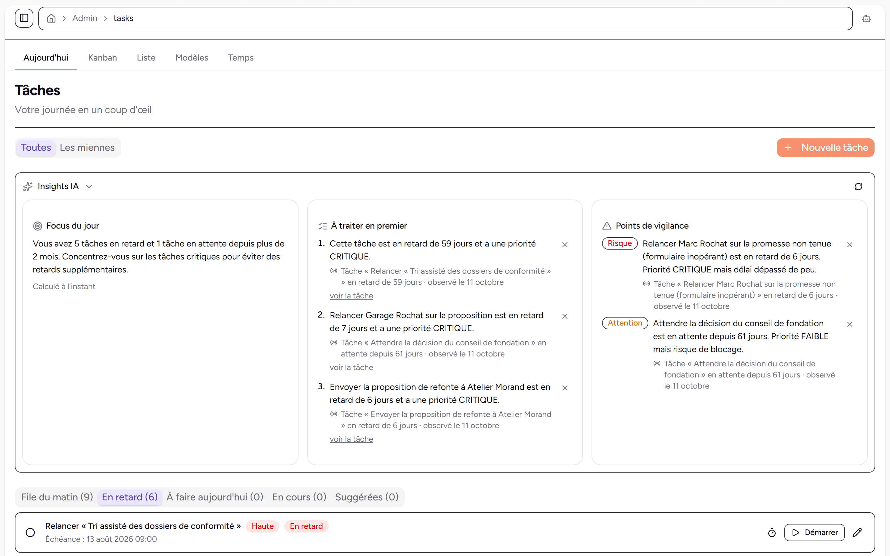 Vue du jour des tâches avec le focus, les priorités et les points de vigilance de l'IA