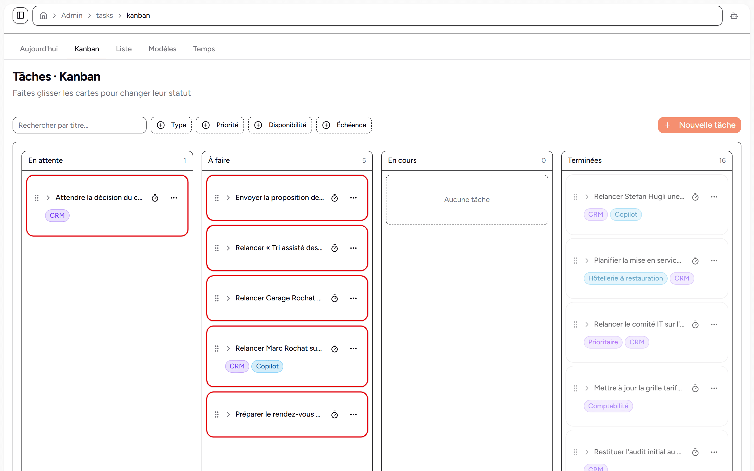 Kanban des tâches avec les tâches en retard encadrées