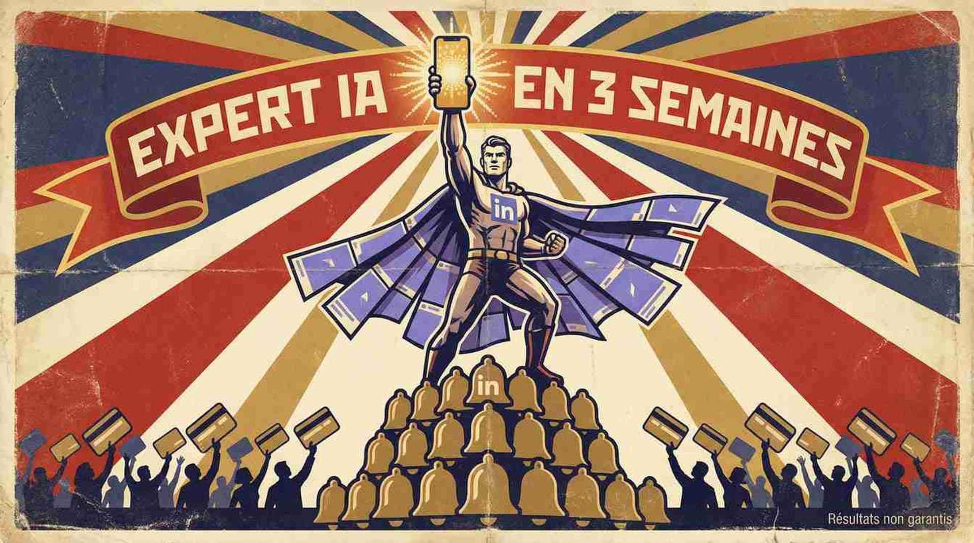 Affiche propagande satirique montrant un pseudo-expert IA autoproclamé brandissant un smartphone sur LinkedIn