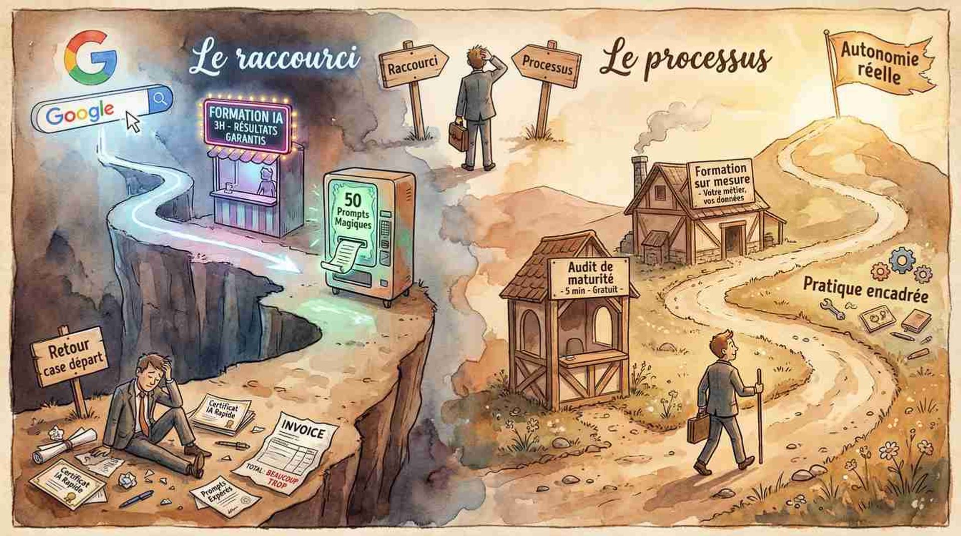 Carte illustrée avec deux chemins adoption IA en entreprise le raccourci menant au gouffre et le processus réel