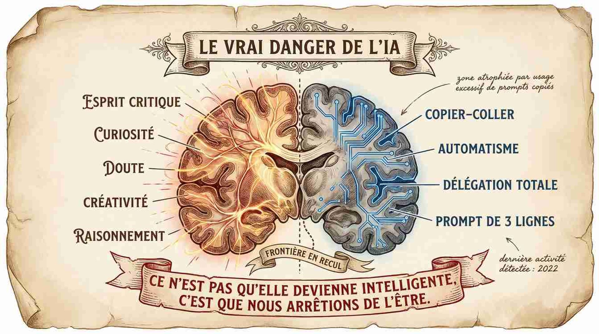 Illustration anatomique cerveau humain dont une moitié s'atrophie par délégation excessive à l'IA