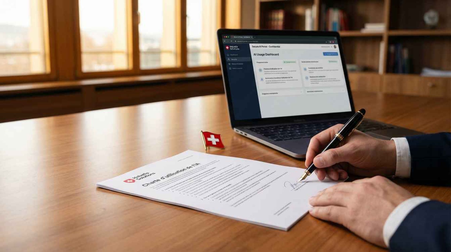 Un collaborateur signe la charte d'utilisation de l'IA de son entreprise