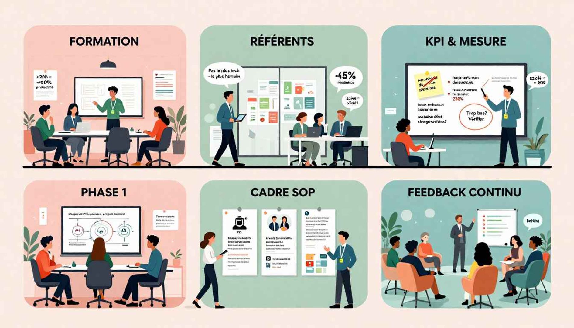 conduite du changement IA en entreprise : formation, référents, cadre SOP, KPI et mesure, feedback continu