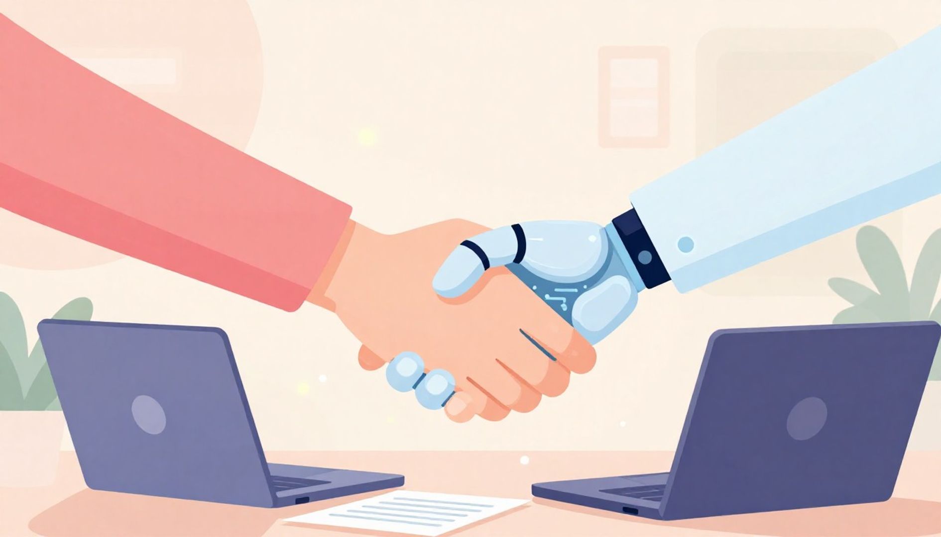 Poignée de main entre une main humaine et une main robotique au-dessus de deux ordinateurs portables, symbolisant la coopération IA-humain en entreprise