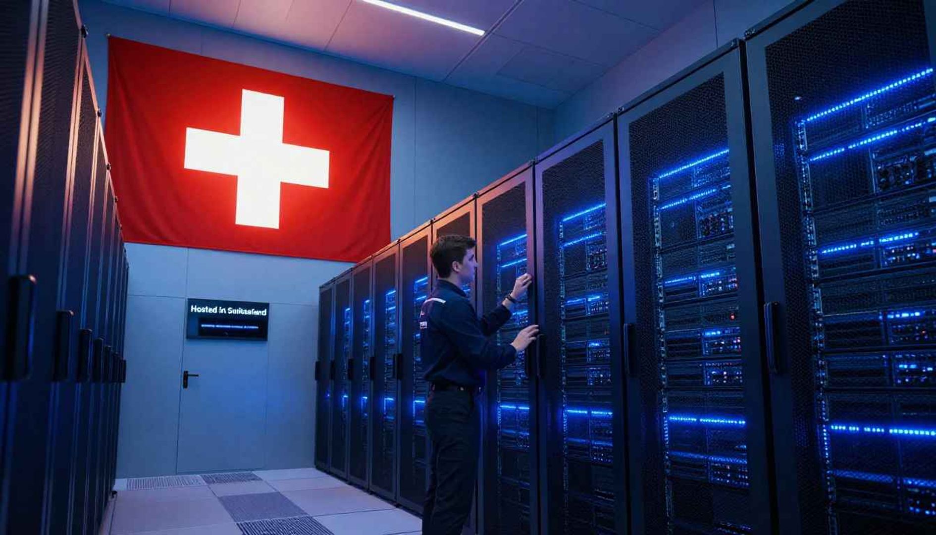 Centre de données moderne en Suisse chez Infomaniak avec serveurs haute performance, illustrant l’hébergement sécurisé et la protection des données pour les solutions d’intelligence artificielle.