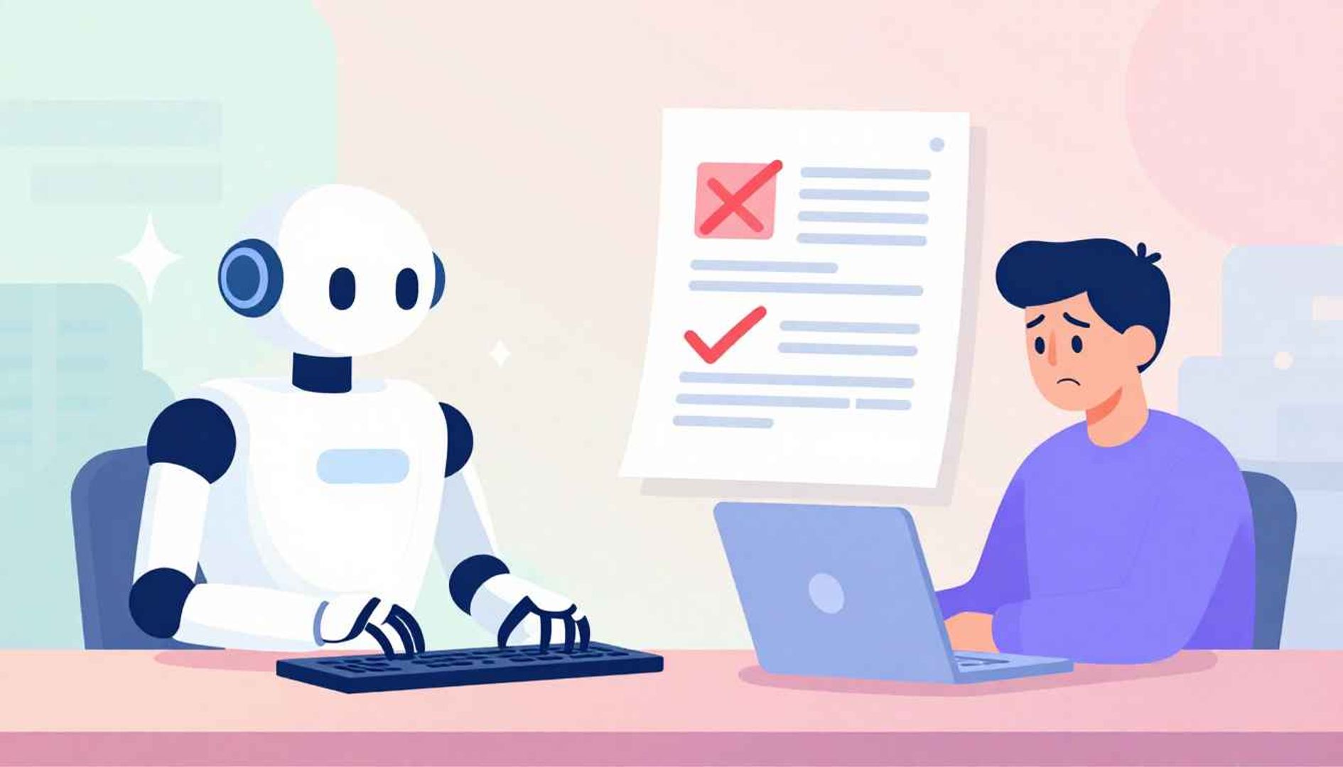 Robot seul face à un écran d'erreurs dans un bureau vide illustrant l'échec de l'IA sans humain dans la boucle