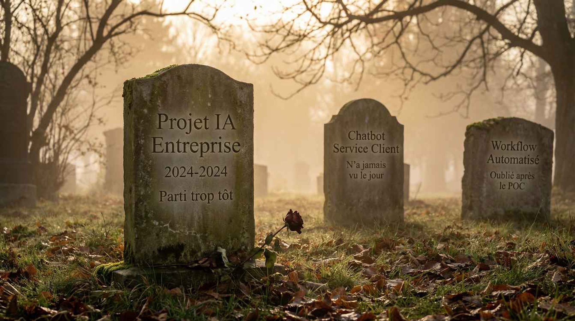 Scène symbolique de cimetière représentant l’échec de projets d’intelligence artificielle et d’automatisation, avec des pierres tombales illustrant des initiatives IA abandonnées ou jamais déployées.