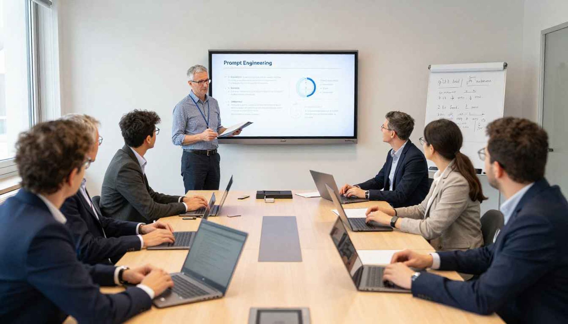 Session de formation en présentiel sur le prompt engineering, où une équipe découvre les méthodologies professionnelles nécessaires pour utiliser l’intelligence artificielle efficacement