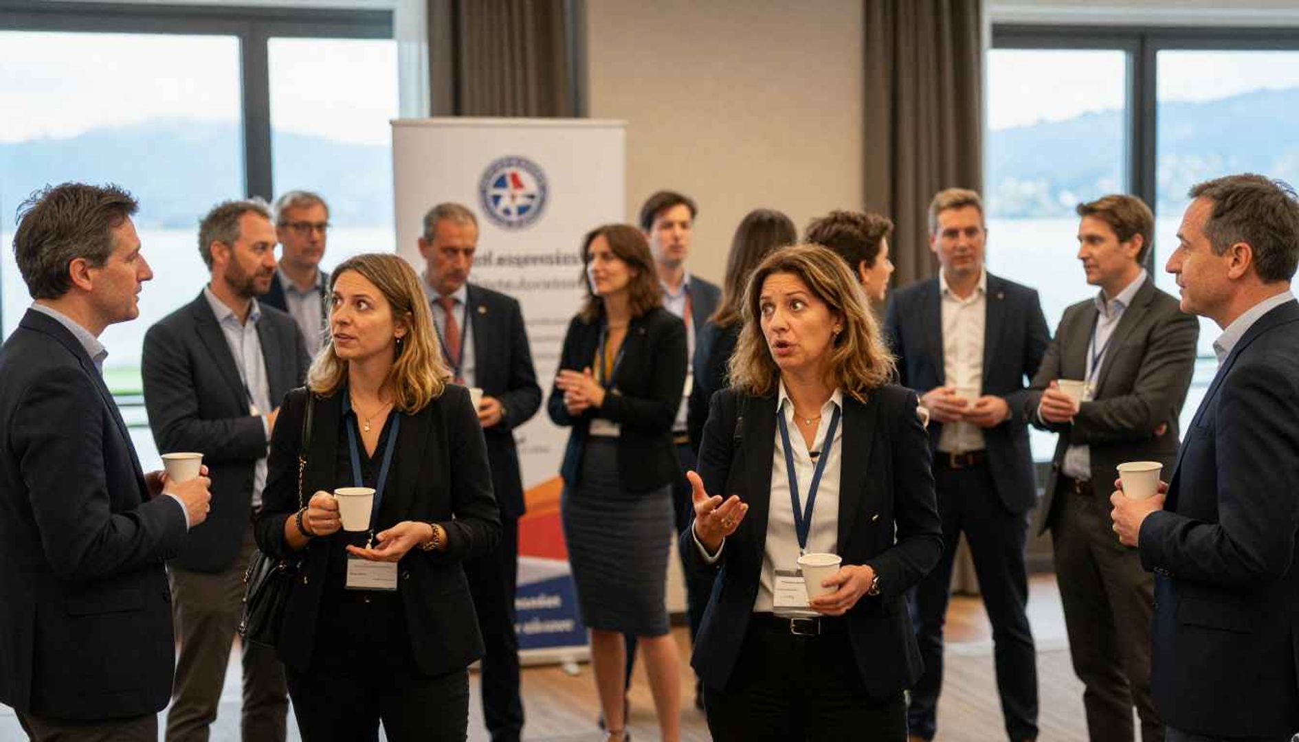 Un groupe de  dirigeants d’entreprises suisses ayant des conversations animées au sujet de l’IA