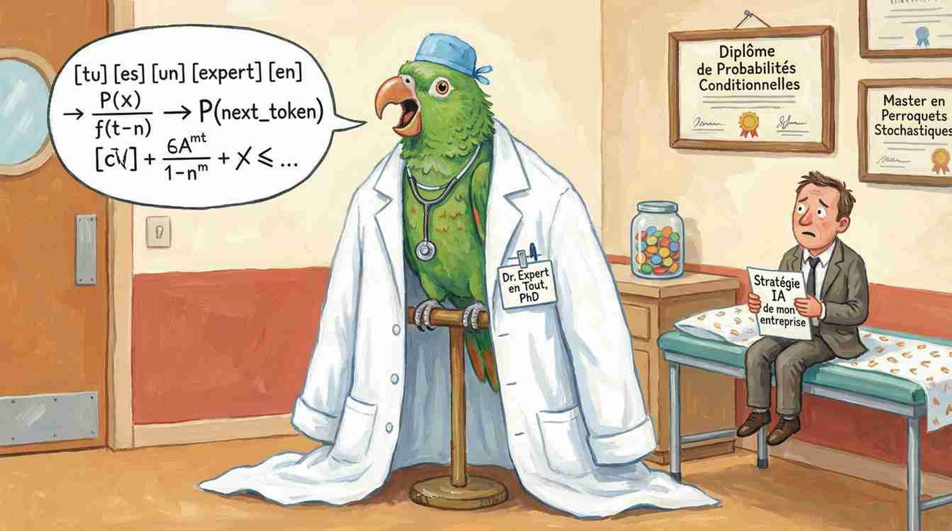 Perroquet en blouse de médecin illustrant le mythe d'attribuer un rôle expert à une IA qui calcule des probabilités