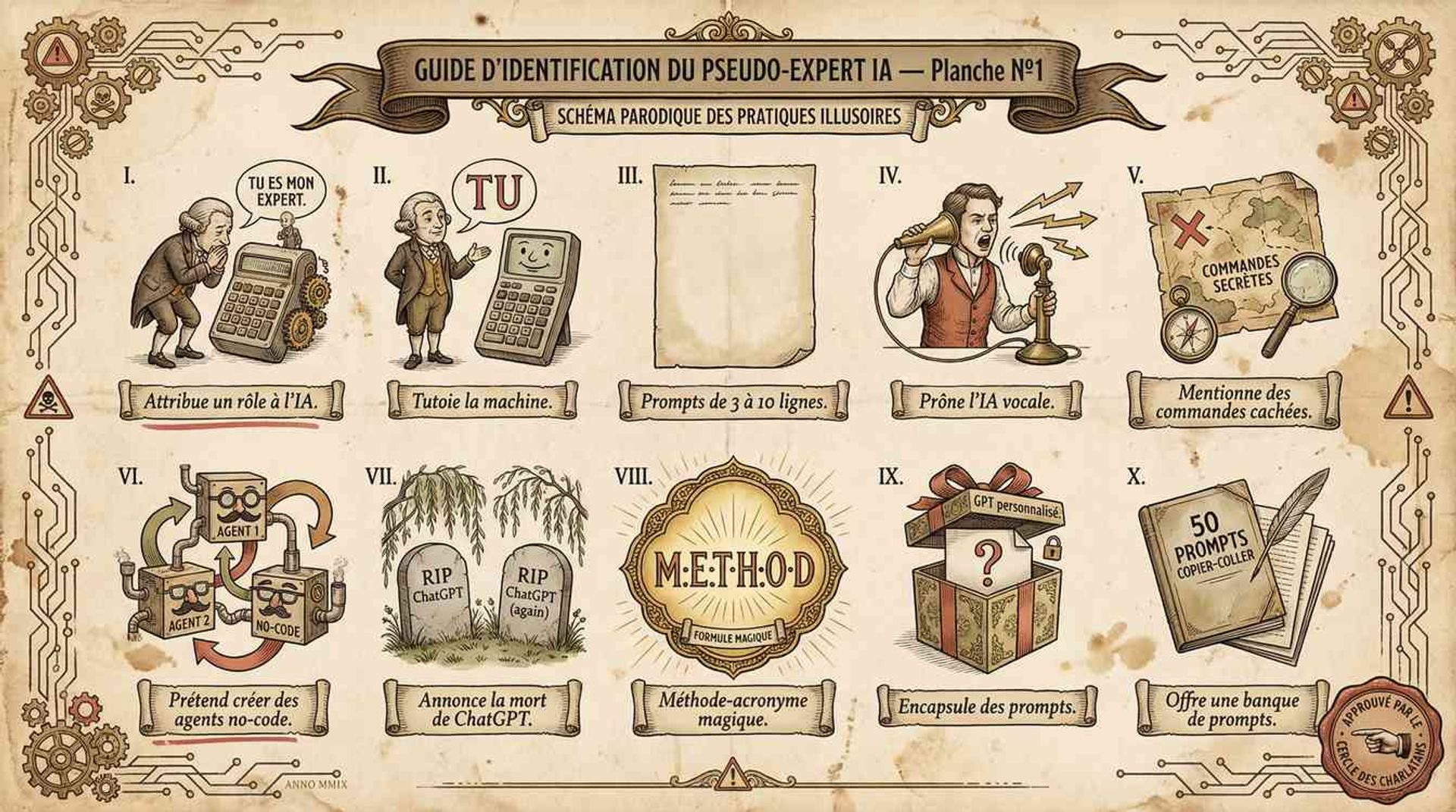 Planche d'identification vintage des 10 signaux qui trahissent un pseudo-expert IA sur les réseaux sociaux