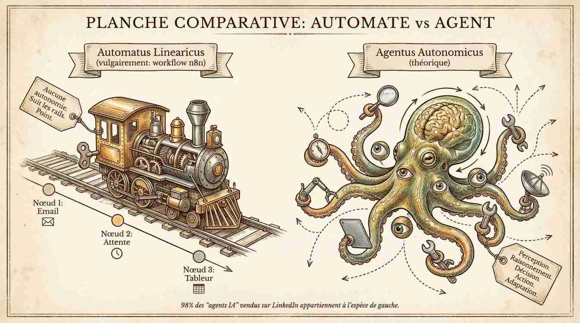 Planche scientifique vintage comparant un automate workflow sur rails et un véritable agent IA autonome
