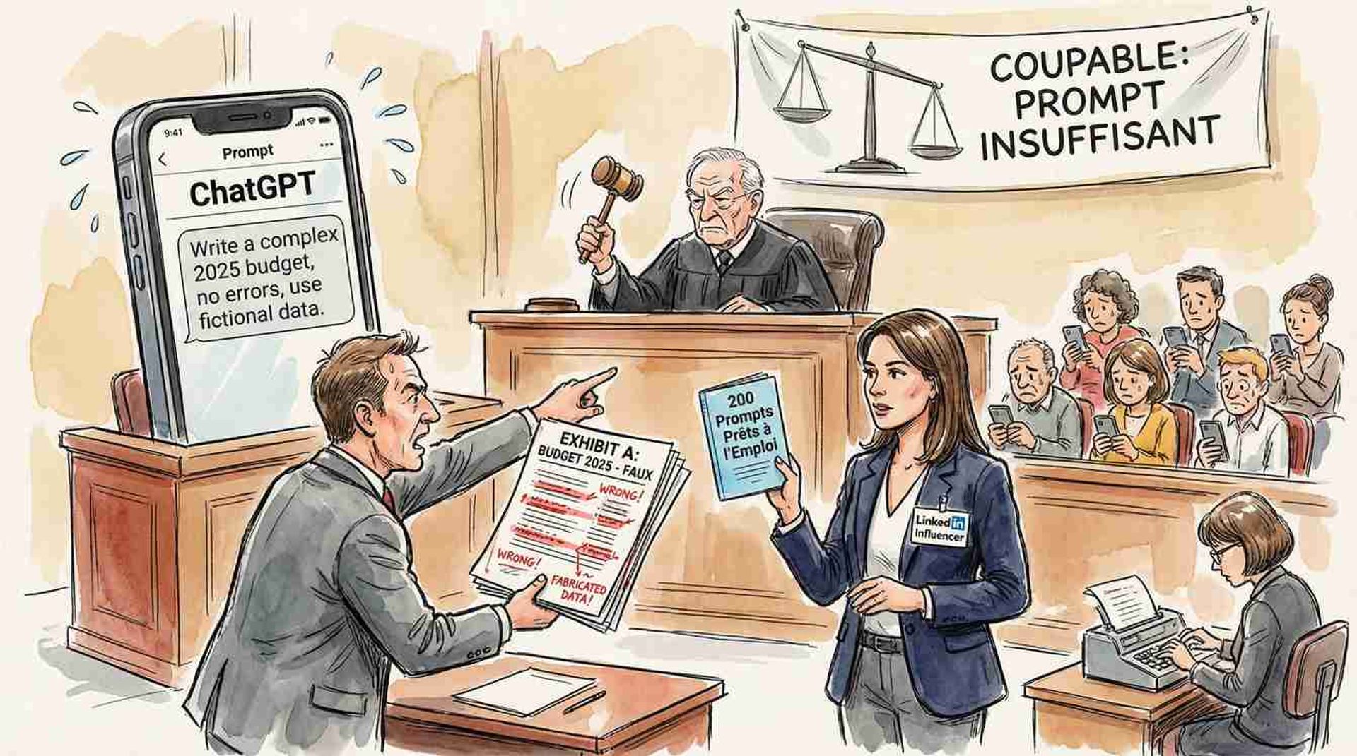 Scène de tribunal satirique jugeant un prompt de 3 lignes responsable d'erreurs factuelles dans un budget IA